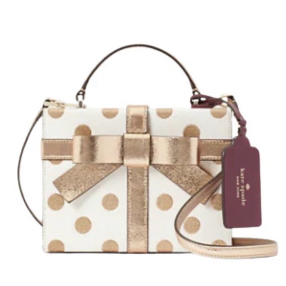 Kate Spade White and Gold Polka Dot Gift Box Crossbody Bag